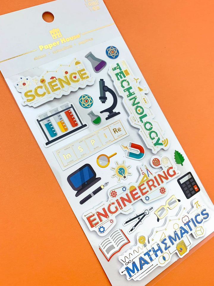 School sticker featuring science, technology, engineering and mathematics shown in white package on an orange background 