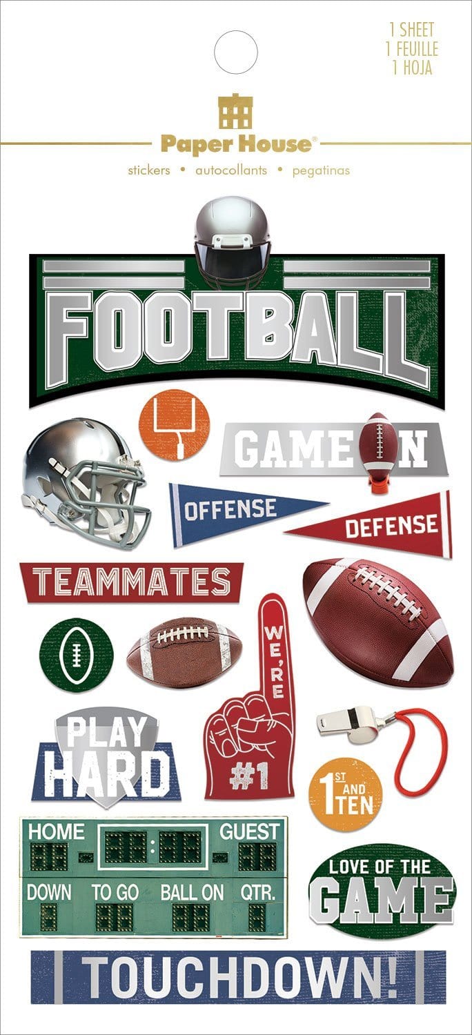 football themed scrapbook stickers featuring words, helmets, footballs and silver &amp; red foil with green, red and blue details. Shown in white package with gold foil letters.