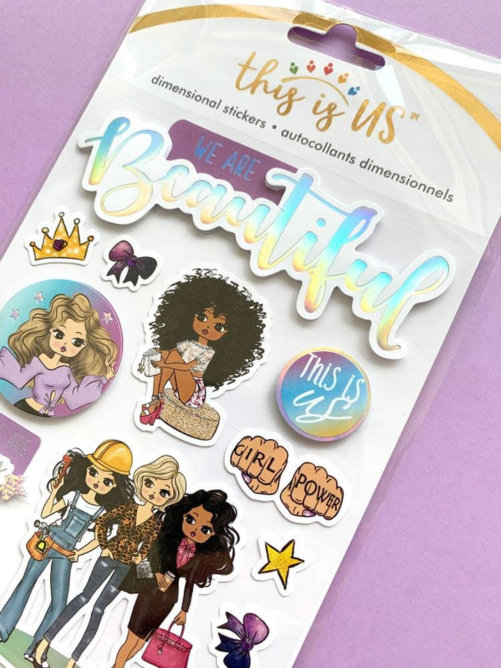 3D scrapbook stickers featuring illustrations of a diverse group of women shown on a purple background.