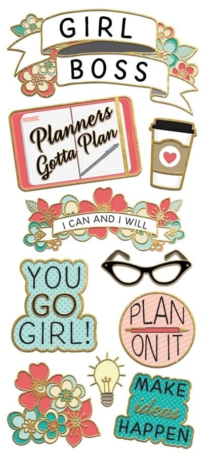 foil stickers featuring girl power sentiments and florals with gold details, shown on white background.