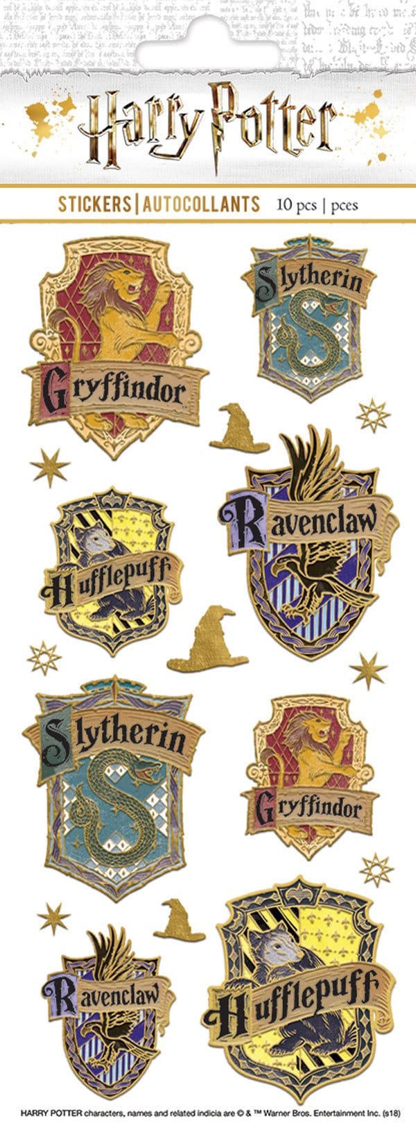 Harry Potter™ foil stickers featuring the house crests with gold accents, shown in package.