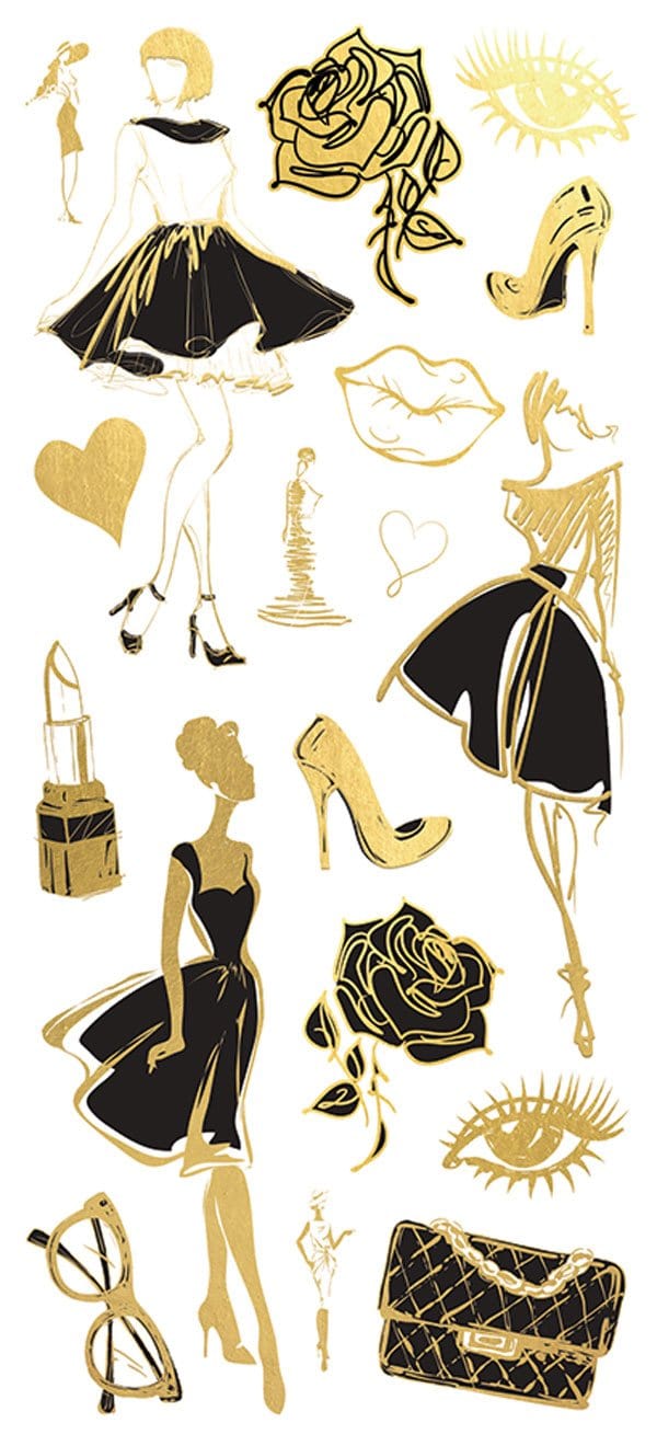 foil stickers featuring black and gold fashion illustrations, shown on white background.