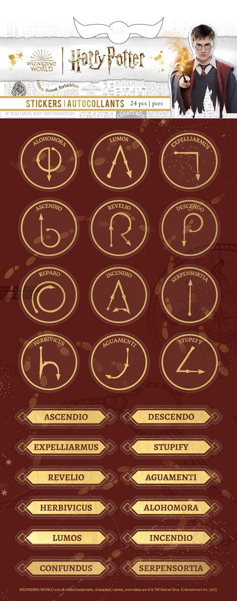 Harry Potter stickers shown in package featuring gold spells and charms on a brown background.