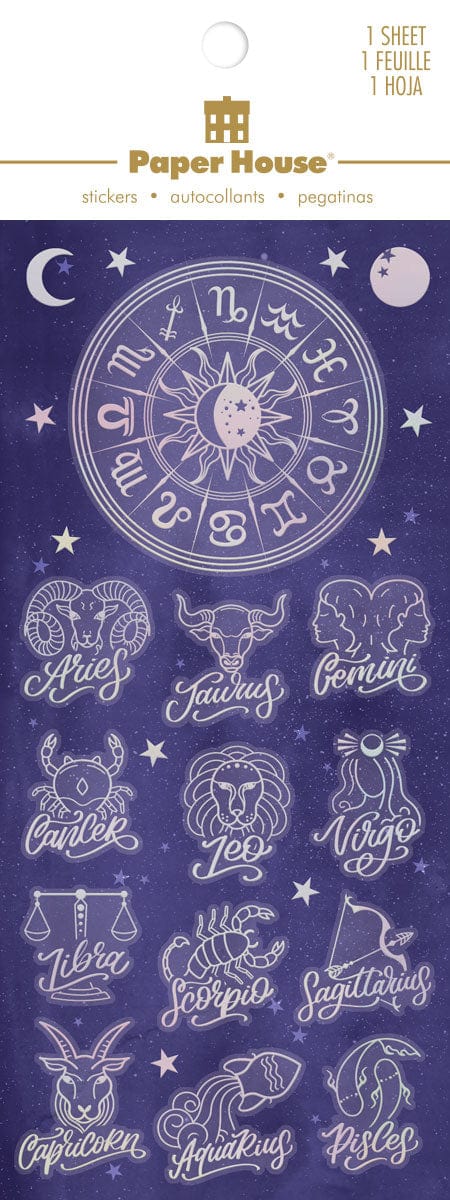 foil stickers featuring illustrated astrology signs in silver holographic foil on blue background, shown in package.