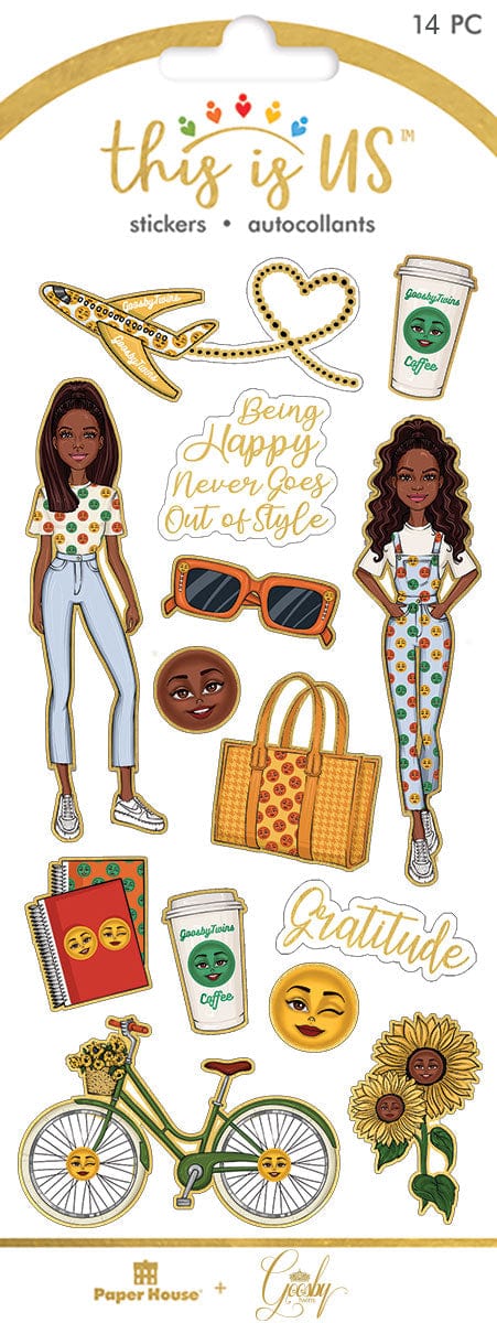 foil stickers featuring the Goosby Twins with illustrations of coffee, sunglasses and flowers with gold details shown in package.
