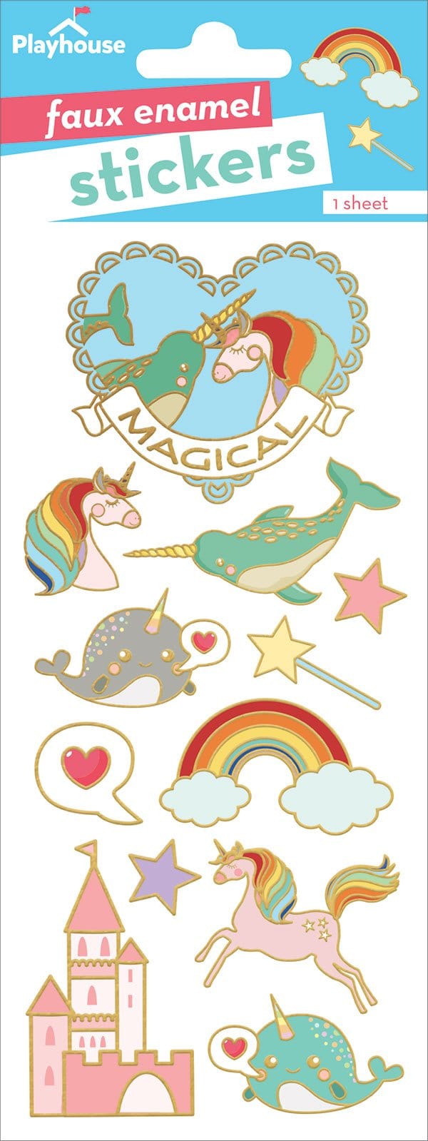 foil stickers featuring colorful, illustrated unicorns, rainbows, and narwhals with gold details, shown in package.