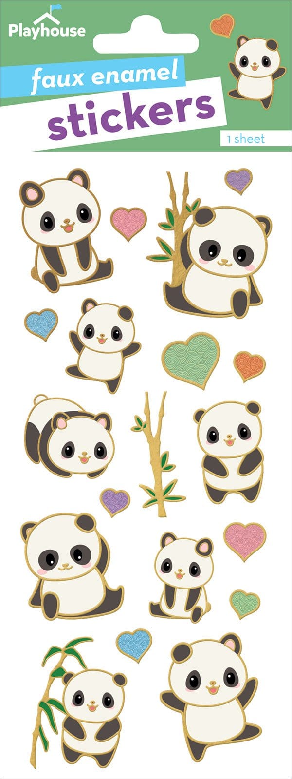 foil stickers featuring illustrated panda bears, bamboo and hearts with gold details, shown in package.