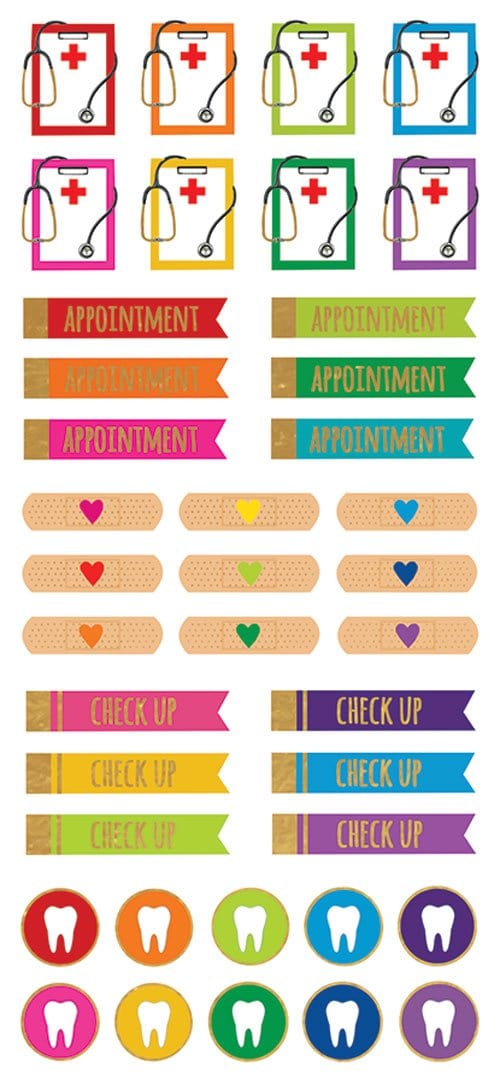 planner stickers featuring colorful doctor functional stickers with gold details.
