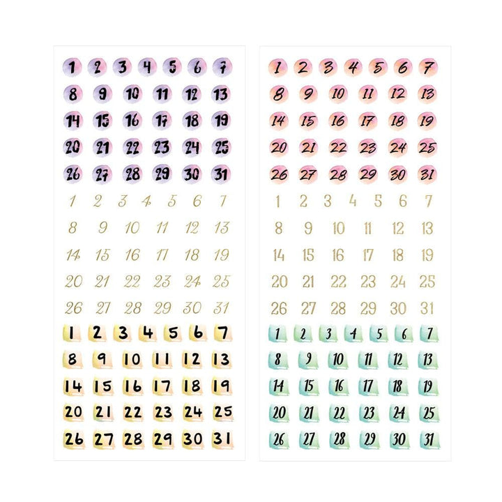 2 sheets of planner stickers featuring numbers in colorful circles with gold details shown on white background.
