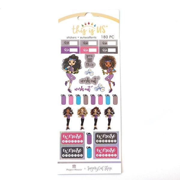 planner stickers featuring illustrated fitness girls with steps trackers, shown in package on white background.