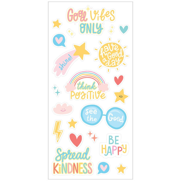 glow in the dark stickers featuring hearts, rainbows and good vibe sentiments, shown on white background.