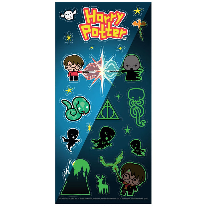 harry potter stickerrs featuring colorful glow in the dark chibi charms on the left side with green outlined glow in the dark charms on the right side, shown on white background.