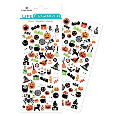 mini stickers featuring orange, black and green halloween cats, spiders and pumpkins shown in package overlapping another sheet of stickers.