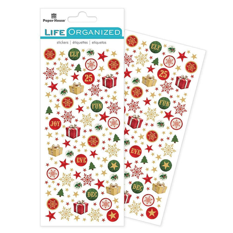 mini stickers shown in package featuring red, green and gold stars, snowflakes and presents shown overlapping another sheet of mini stickers.