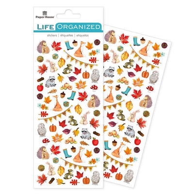 mini stickers featuring fall themed illustrations, shown in package overlapping another sheet on white background.