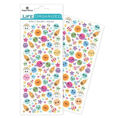 micro stickers shown in package featuring colorful kawaii planets, comets and stars shown overlapping another sheet of stickers.