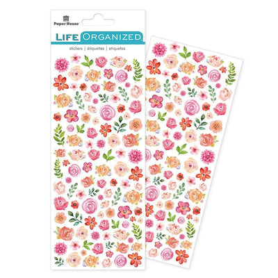 mini stickers shown in package featuring pink watercolor flowers shown overlapping another sheet of mini stickers.
