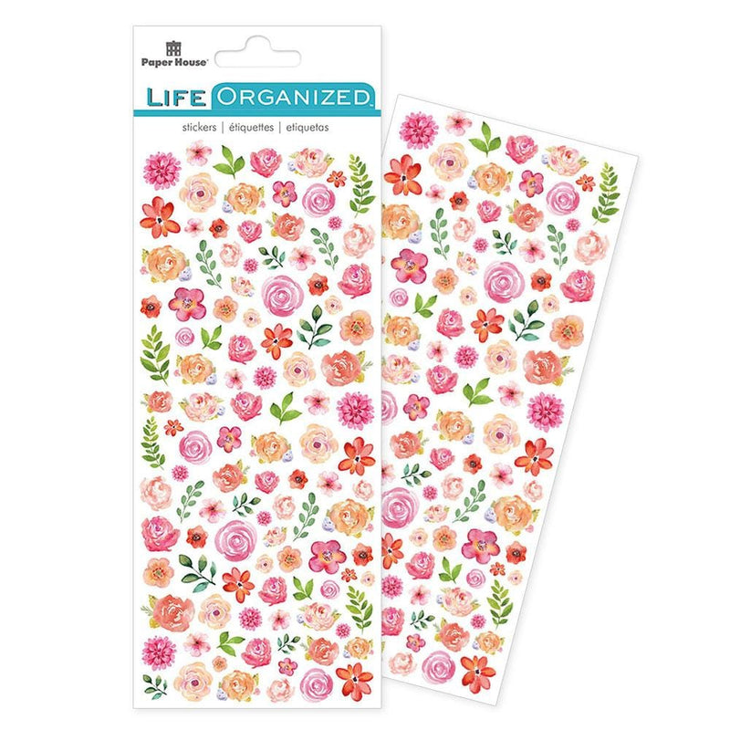 mini stickers shown in package featuring pink watercolor flowers shown overlapping another sheet of mini stickers.