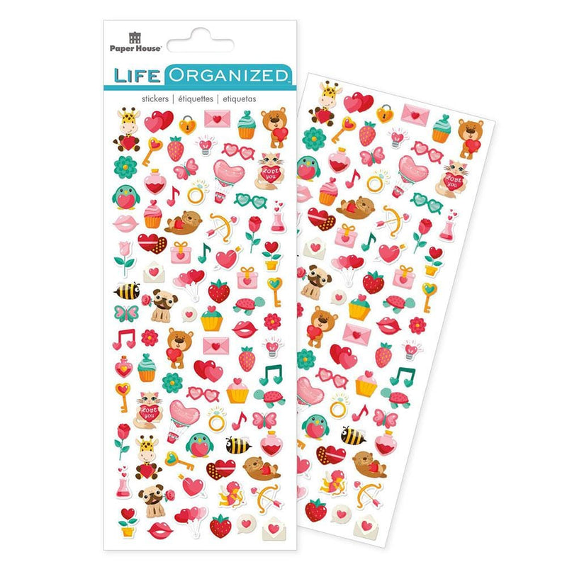 mini stickers shown in package featuring valentine balloons, hearts and strawberries shown overlapping another sheet of stickers.