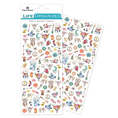 mini stickers shown in package featuring dream catchers, feathers and directional arrows shown overlapping another sheet of stickers.