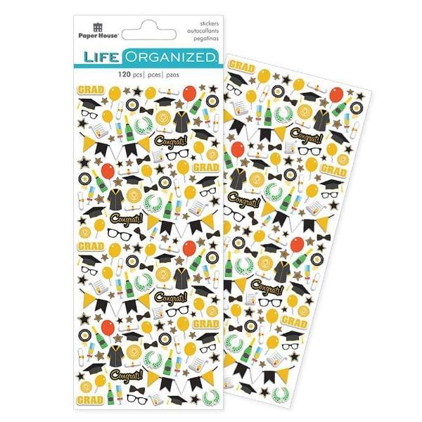 mini stickers featuring graduation caps, banners, caps, balloons, shown in package overlapping another sheet shown on white background.