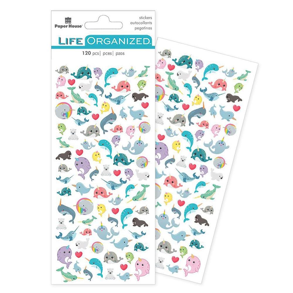 two sheets of mini stickers featuring pastel colored narwhals, one sheet in package and one sheet behind shown on white background.