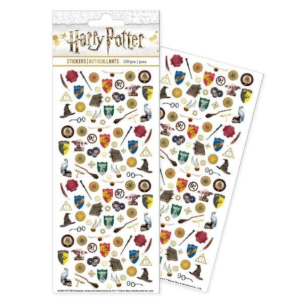 micro stickers shown in package featuring  Harry Potter ™  crests, sorting hats and symbols shown overlapping another sheet of stickers.
