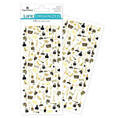 two sheets of mini stickers featuring gold and black fashion accessories, one sheet in package and one sheet behind shown on white background.
