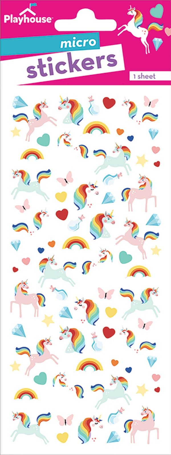 STM-7000E - Stickers For Kids - Mini Unicorn - Playhouse micro stickers sheet featuring colorful unicorns, rainbows, hearts, butterflies, and stars on white background