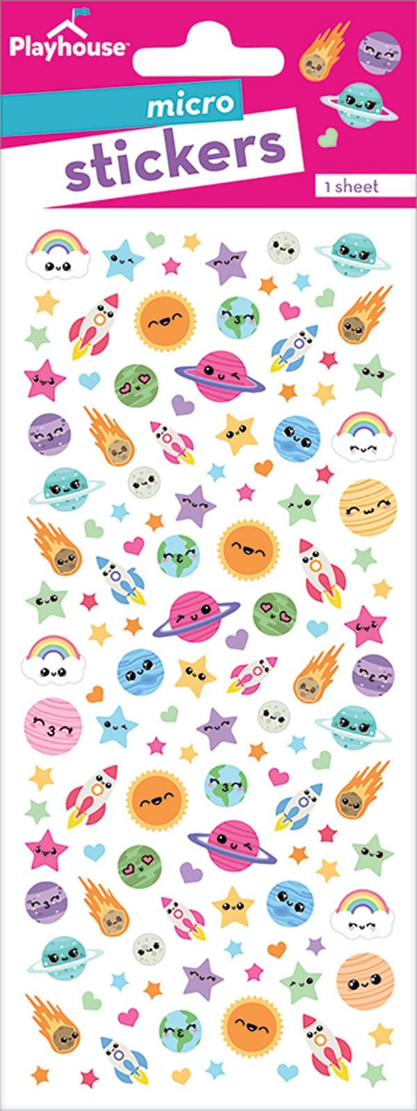 Mini stickers featuring colorful illustrated planets, comets and rocket ships shown in package.