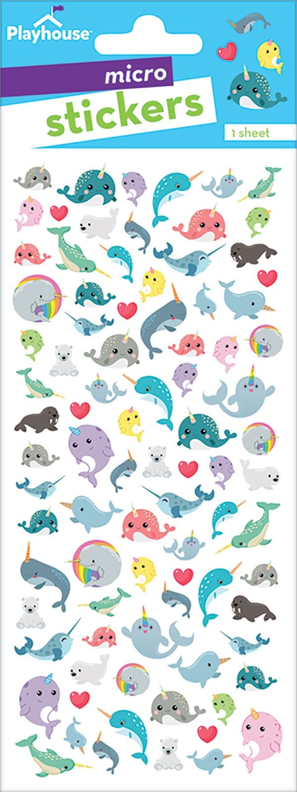 STM-7002E - Stickers For Kids - Mini Narwhals - Sheet of colorful micro stickers featuring whimsical sea creatures including narwhals, whales, dolphins, and polar bears with hearts and rainbows