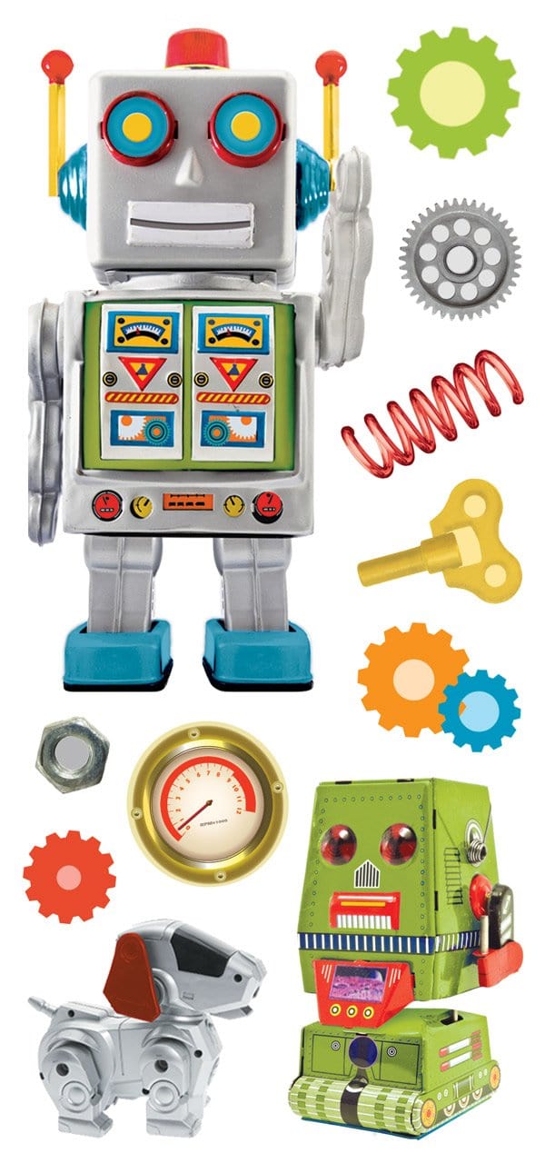 STP-0004E - Puffy Stickers - Robots - Colorful puffy robot stickers featuring mechanical designs, gears, springs, gauges, and robotic characters in red, blue, green, and yellow