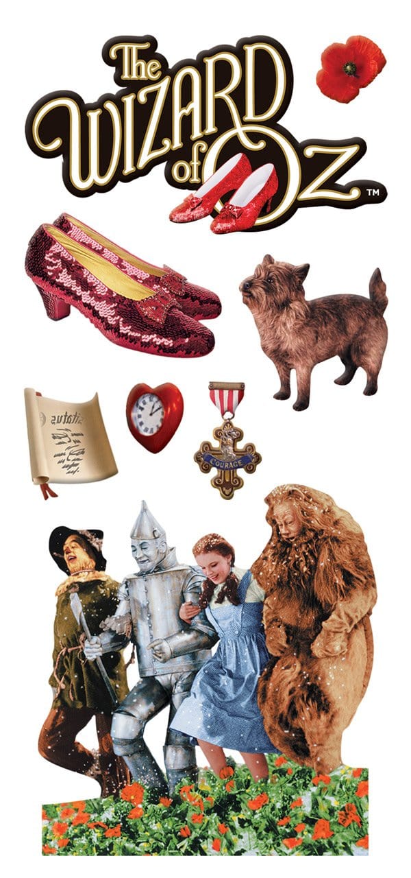 STP-0008E - Puffy Stickers - Wizard of Oz - Puffy sticker collection featuring iconic Wizard of Oz characters, ruby slippers, Toto, poppy flower, and magical items on white background