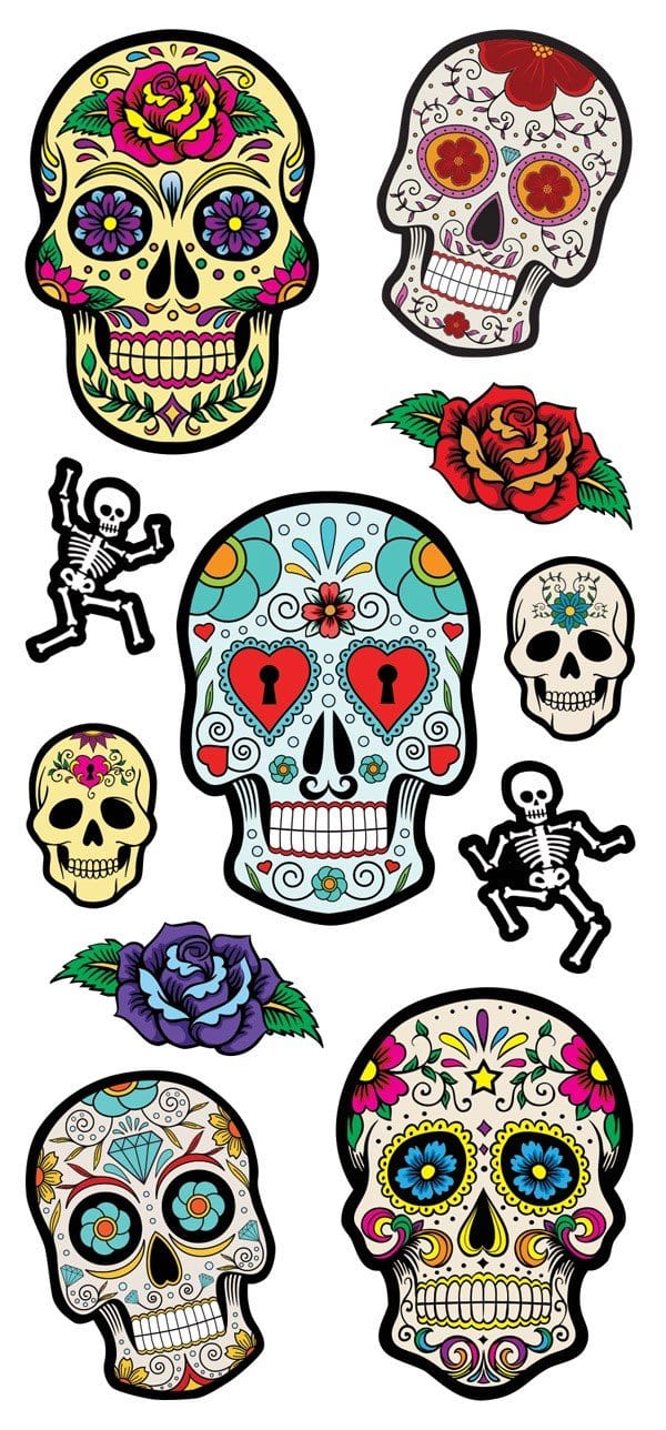 STP-0012E - Puffy Stickers - Sugar Skulls - Colorful sugar skull stickers featuring decorated skulls, skeletons, roses, and floral designs in vibrant colors on white backgrounds