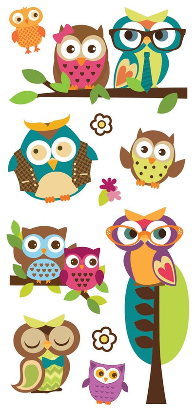 puffy stickers featuring colorful, illustrated, whimsical owls, shown on white background.