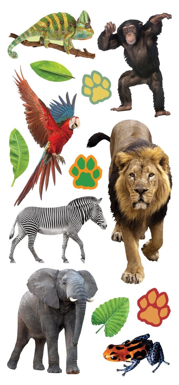 STP-0018E - Puffy Stickers - Zoo Animals - Assorted puffy stickers featuring zoo animals including a chameleon, chimp, macaw, lion, zebra, elephant, leaves, paw prints, and colorful frog on white background