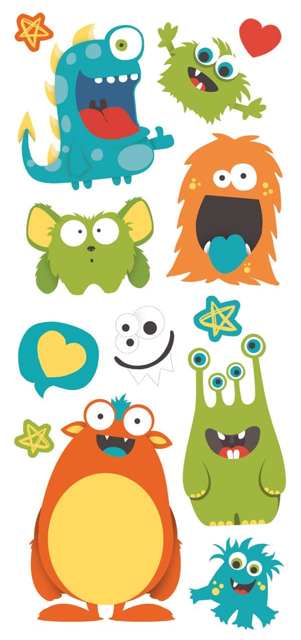 puffy stickers featuring colorful, illustrated monsters on white background.
