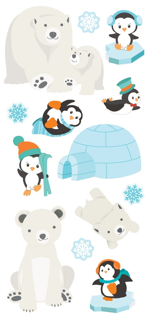 STP-0029E - Puffy Stickers - Polar Animals - Colorful puffy stickers featuring polar bears, penguins, an igloo, and snowflakes in white, black, orange, and blue