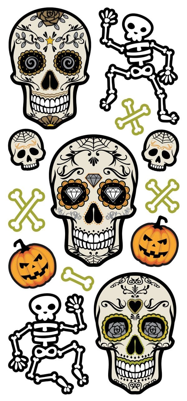 STP-0030E - Puffy Stickers - Skeletons - Colorful skeleton and skull stickers featuring Day of the Dead designs, dancing skeletons, jack-o'-lanterns, and decorative bones in cream, black, orange, and gold