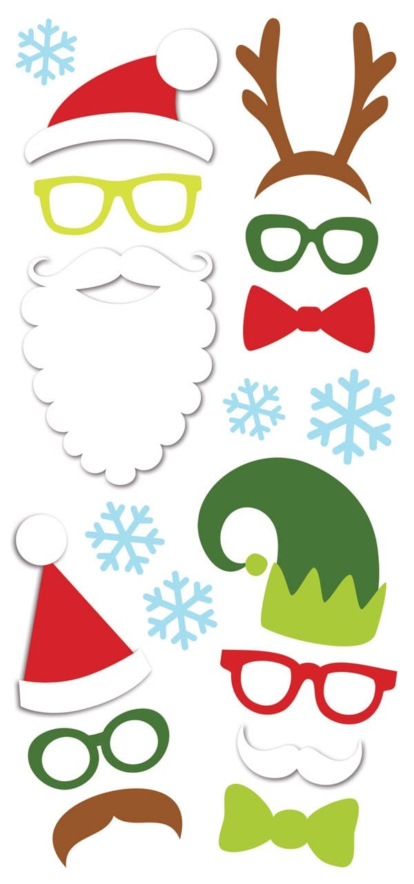 puffy stickers featuring illustrated christmas costumes, santa hats, glasses, bow ties and snowflakes.