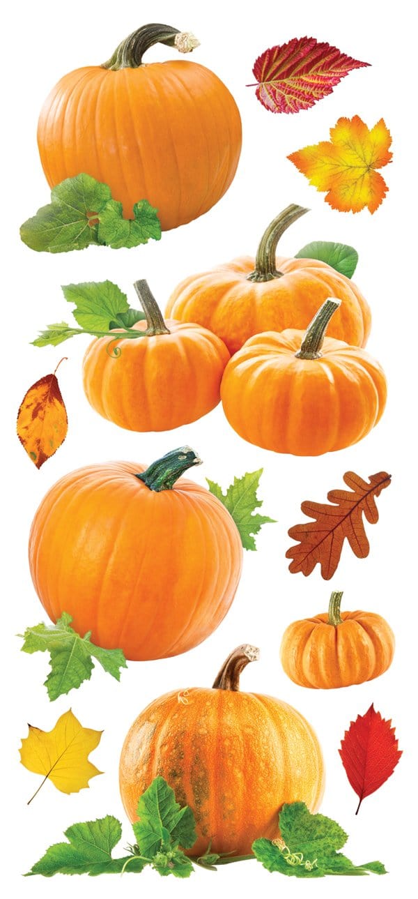 STP-0037E - Puffy Stickers - Pumpkins - Assorted puffy stickers featuring orange pumpkins of various sizes, autumn leaves in red and yellow, and green foliage on white background
