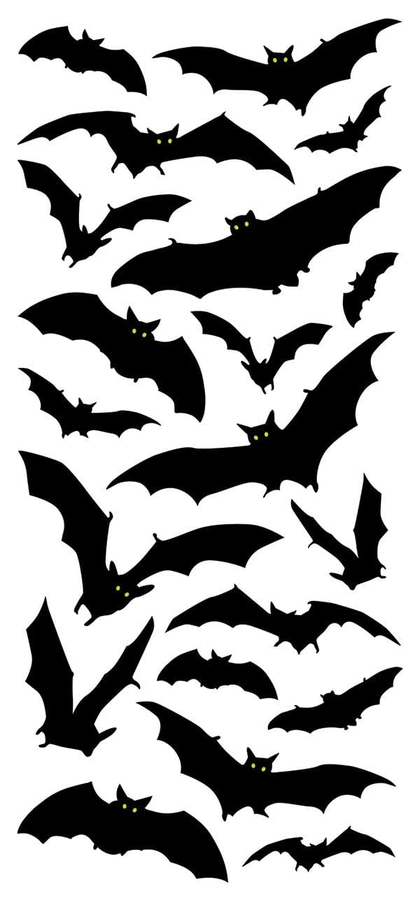 puffy stickers featuring solid black flying bats, on white background.