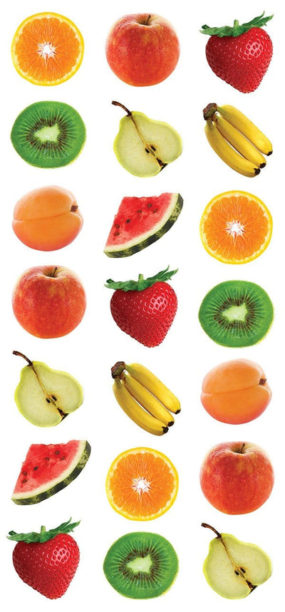 puffy stickers featuring photo real bananas, oranges, apples, strawberries, kiwi and watermelon.