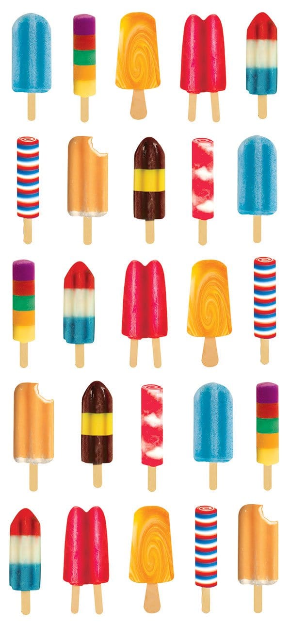STP-0056E - Puffy Stickers - Popsicles - Colorful puffy sticker collection featuring 25 popsicle designs in various shapes, colors, and patterns including blue, red, yellow, pink, striped, and layered varieties