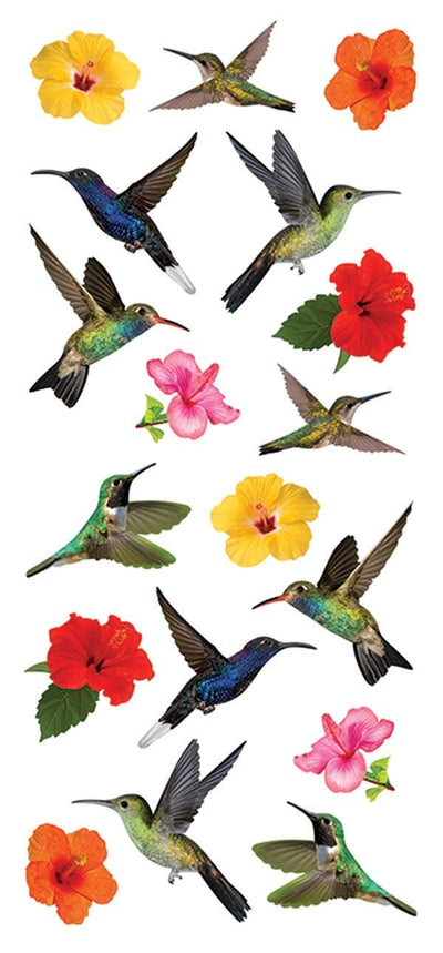 puffy stickers featuring photo real hummingbirds and colorful flowers on white background.