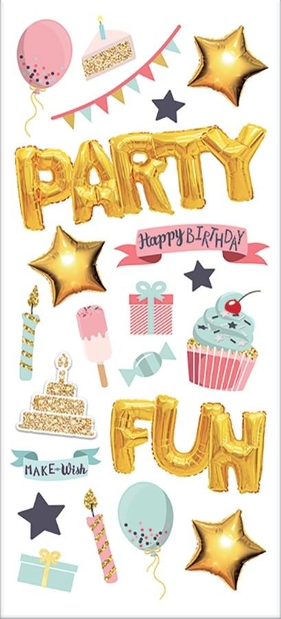STP-0074E - Puffy Stickers - Party - Assorted puffy stickers featuring gold balloons, stars, cupcakes, gifts, and text reading "PARTY," "HAPPY BIRTHDAY," and "MAKE A WISH" in pink, gold, and teal colors