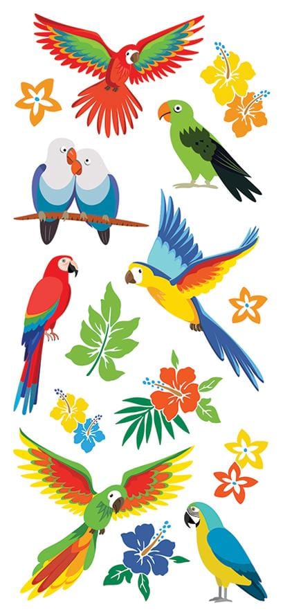 STP-0081E - Puffy Stickers - Tropical Birds - Colorful puffy stickers featuring tropical parrots, macaws, and flowers in bright reds, greens, blues, and yellows