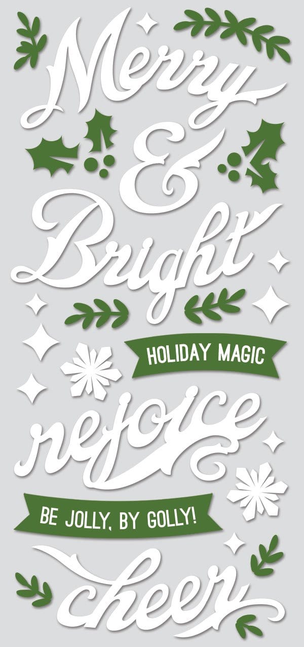 puffy stickers featuring script white words with illustrated green banners and holly on gray background.