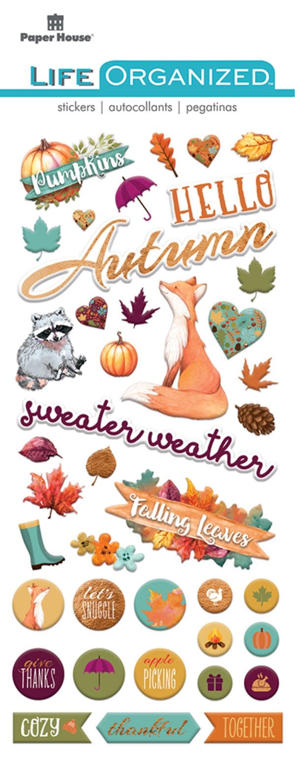 puffy stickers featuring illustrated pumpkins, foxes and autumn leaves, shown in package.