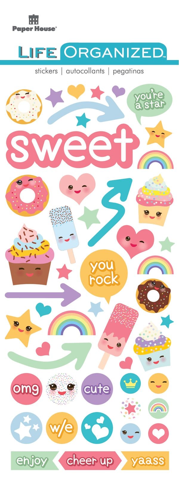 puffy stickers featuring rainbows, arrows, kawaii cupcakes, donuts and hearts, shown in package.